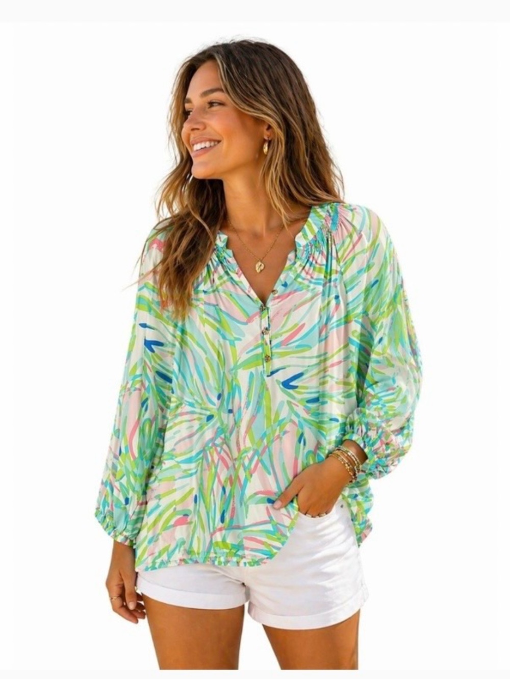 Lilly Pulitzer Elsa Silk Tunic Med Pink Blue Abstract Palm Smocked Button Resort